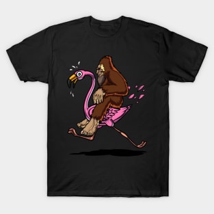 Bigfoot Riding Flamingo Bird Funny T-Shirt